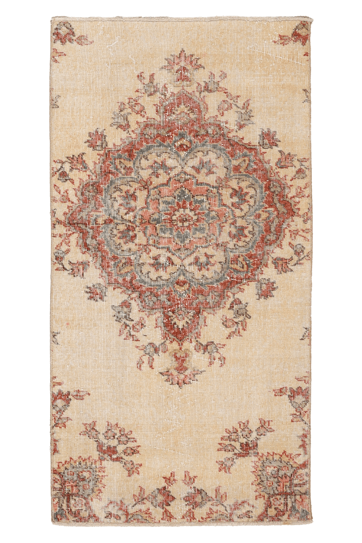 Vintage Isparta Turkish Runner Rug 2x4 ft — Beige & Red Floral