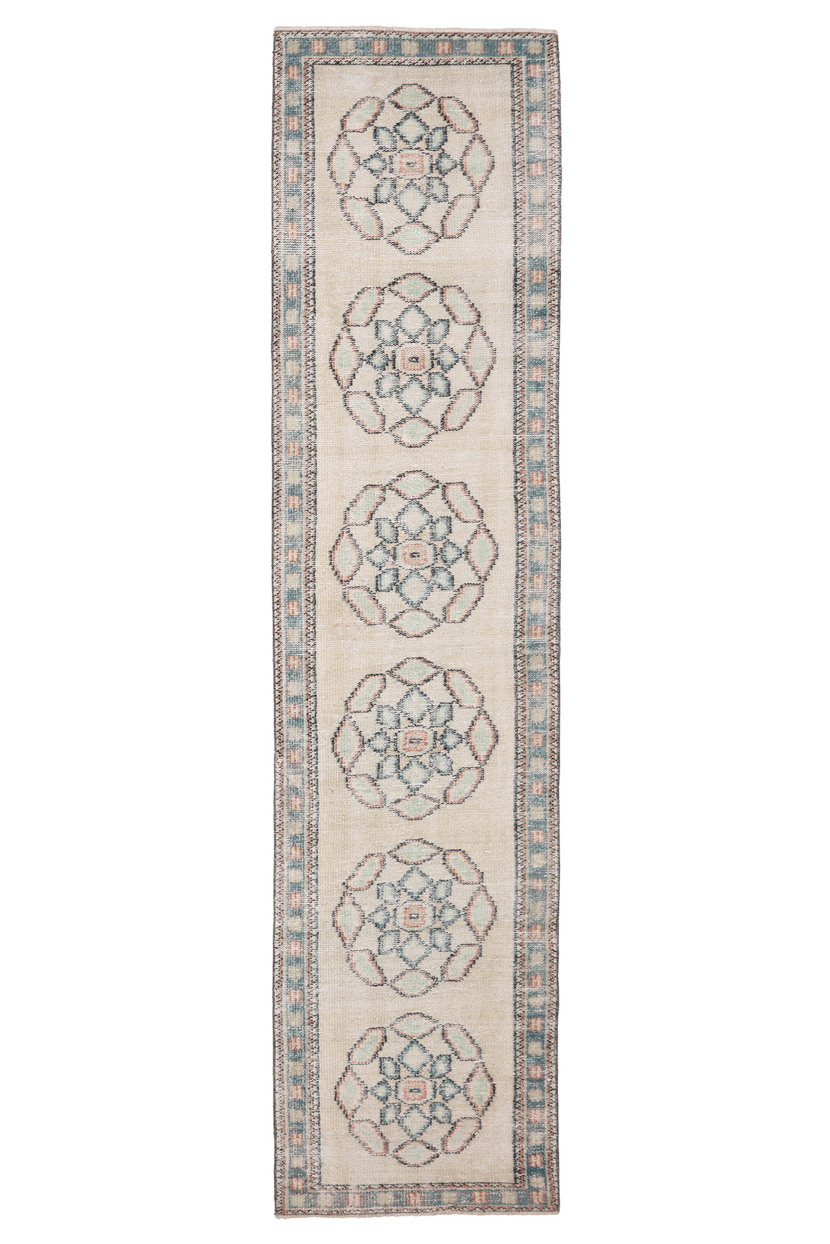 Vintage Manisa Turkish Runner Rug 2x11 ft — Beige & Blue Geometric
