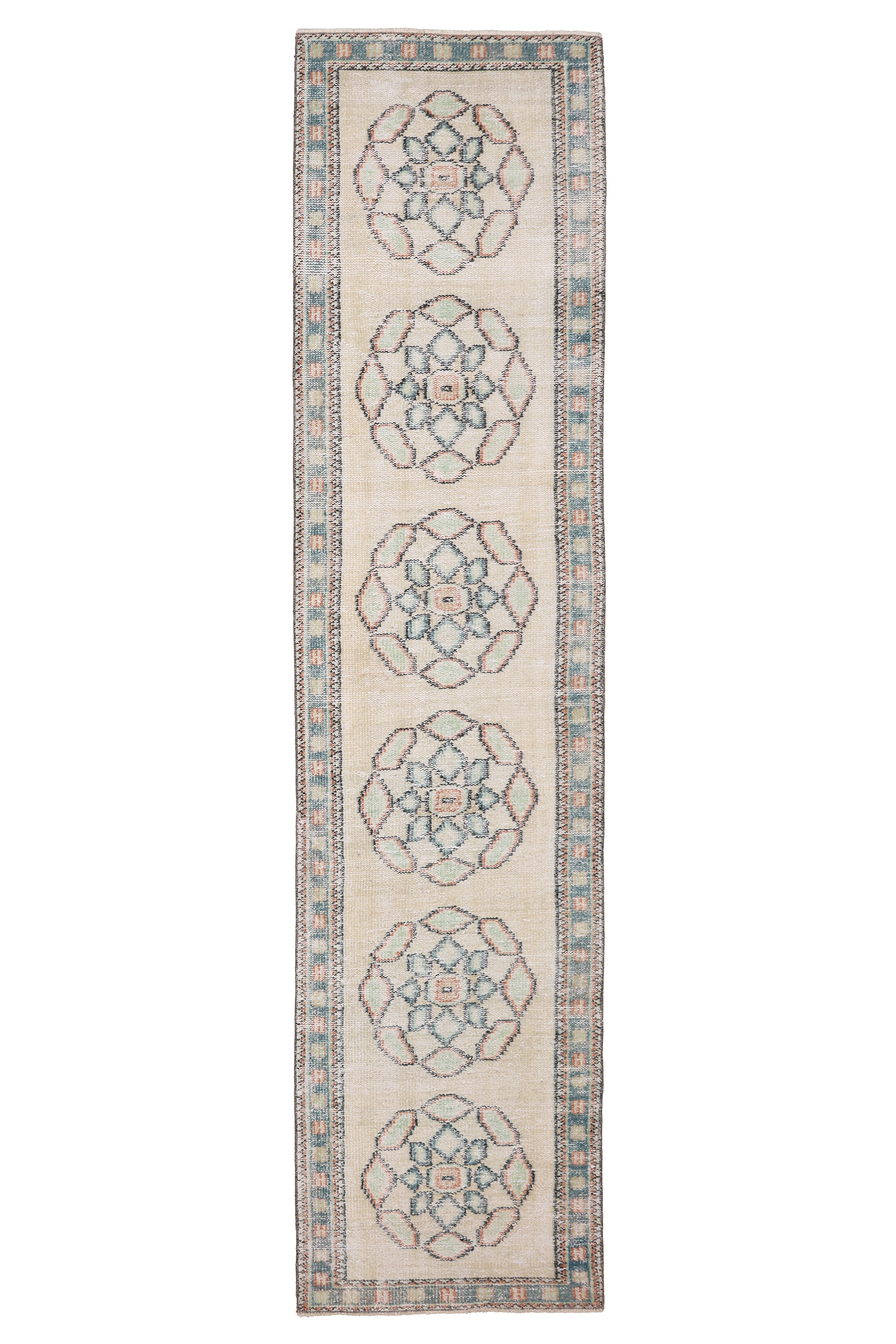 Vintage Manisa Turkish Runner Rug 2x11 ft — Beige & Blue Geometric