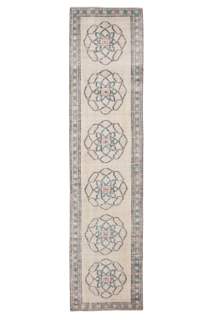 Vintage Manisa Turkish Runner Rug 2x11 ft — Beige & Blue Geometric
