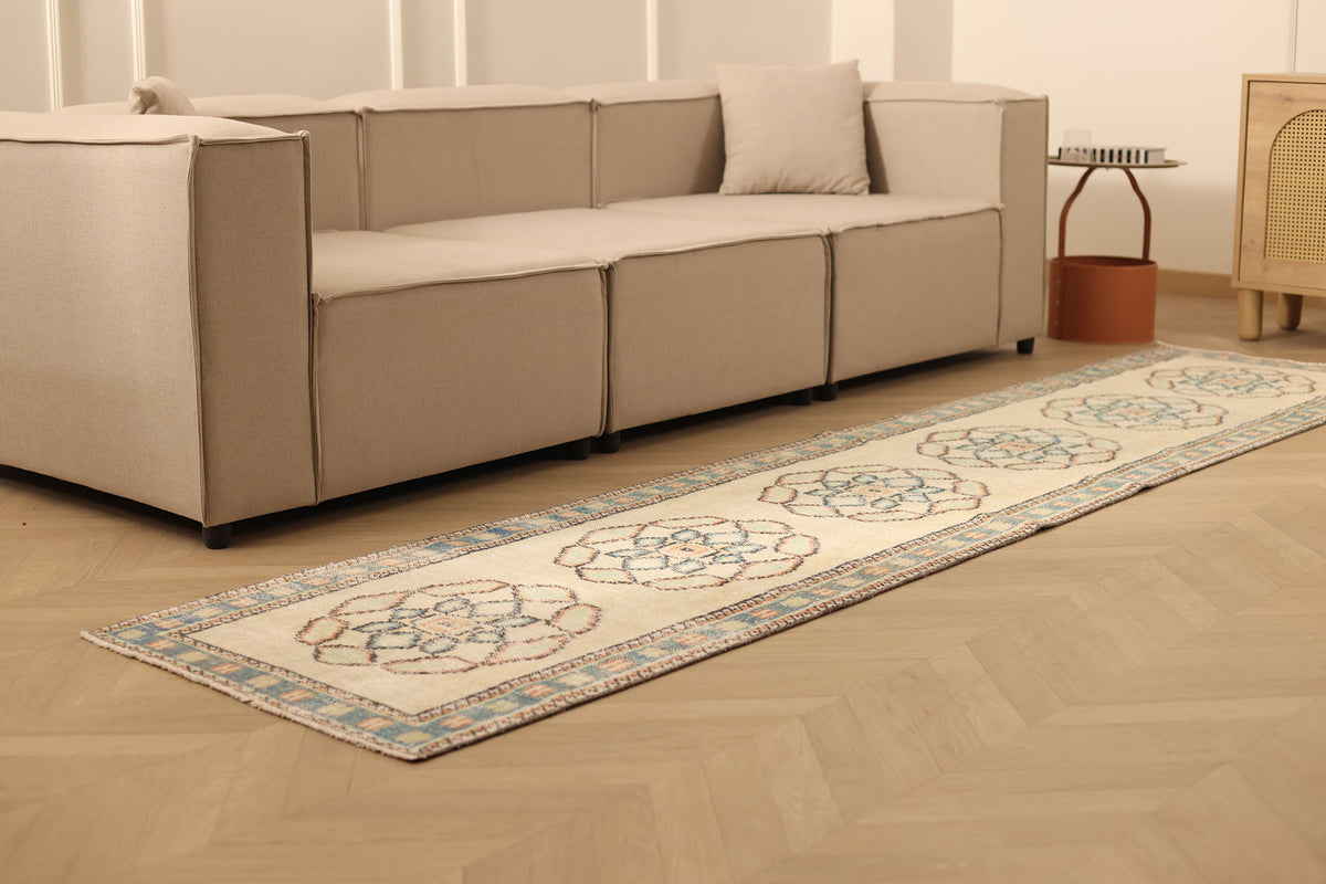 Vintage Manisa Turkish Runner Rug 2x11 ft — Beige & Blue Geometric