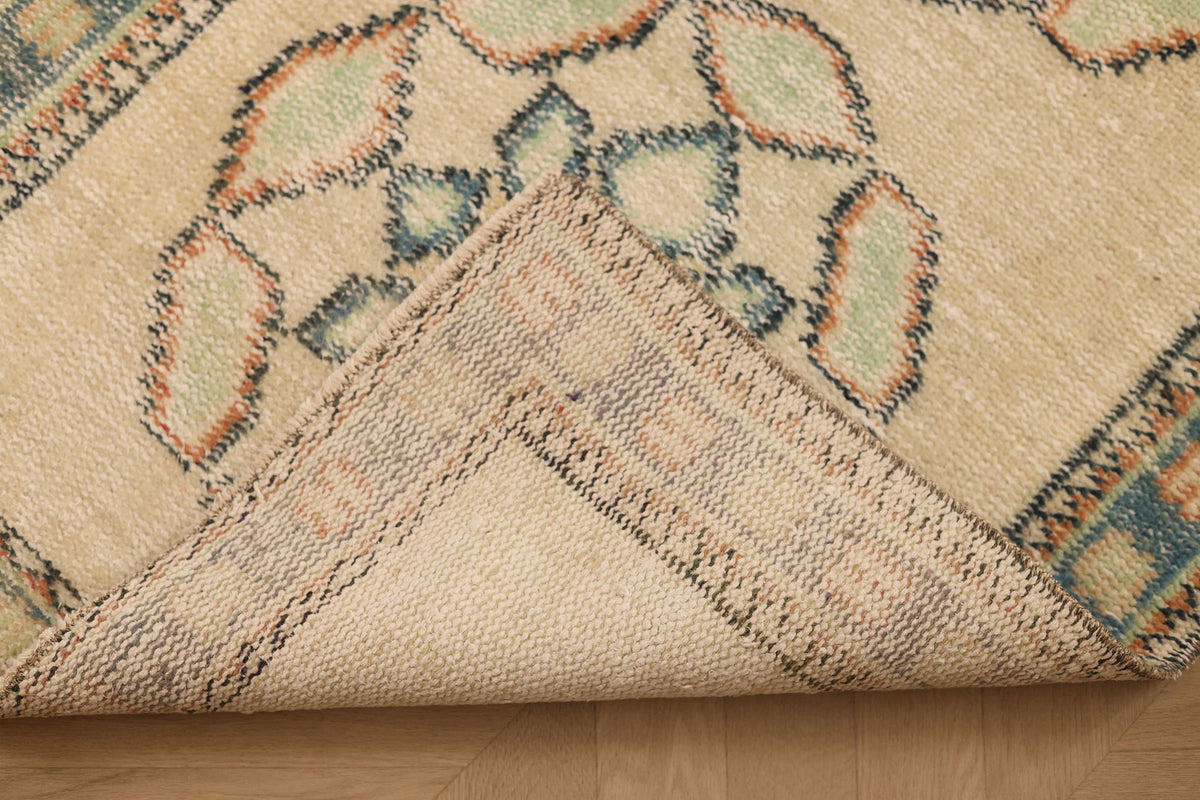 Vintage Manisa Turkish Runner Rug 2x11 ft — Beige & Blue Geometric
