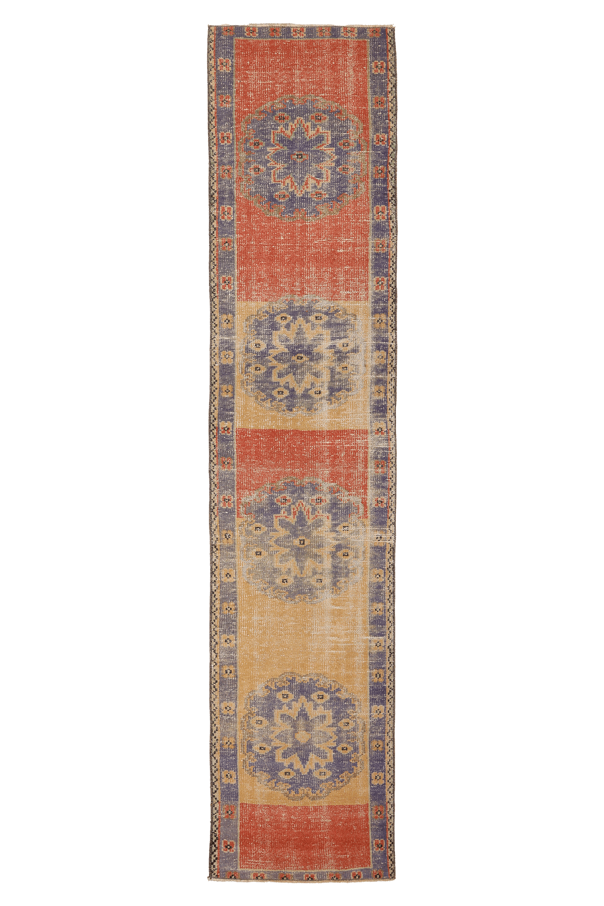 Vintage Manisa Turkish Runner Rug 2x10 ft — Orange & Blue Distressed