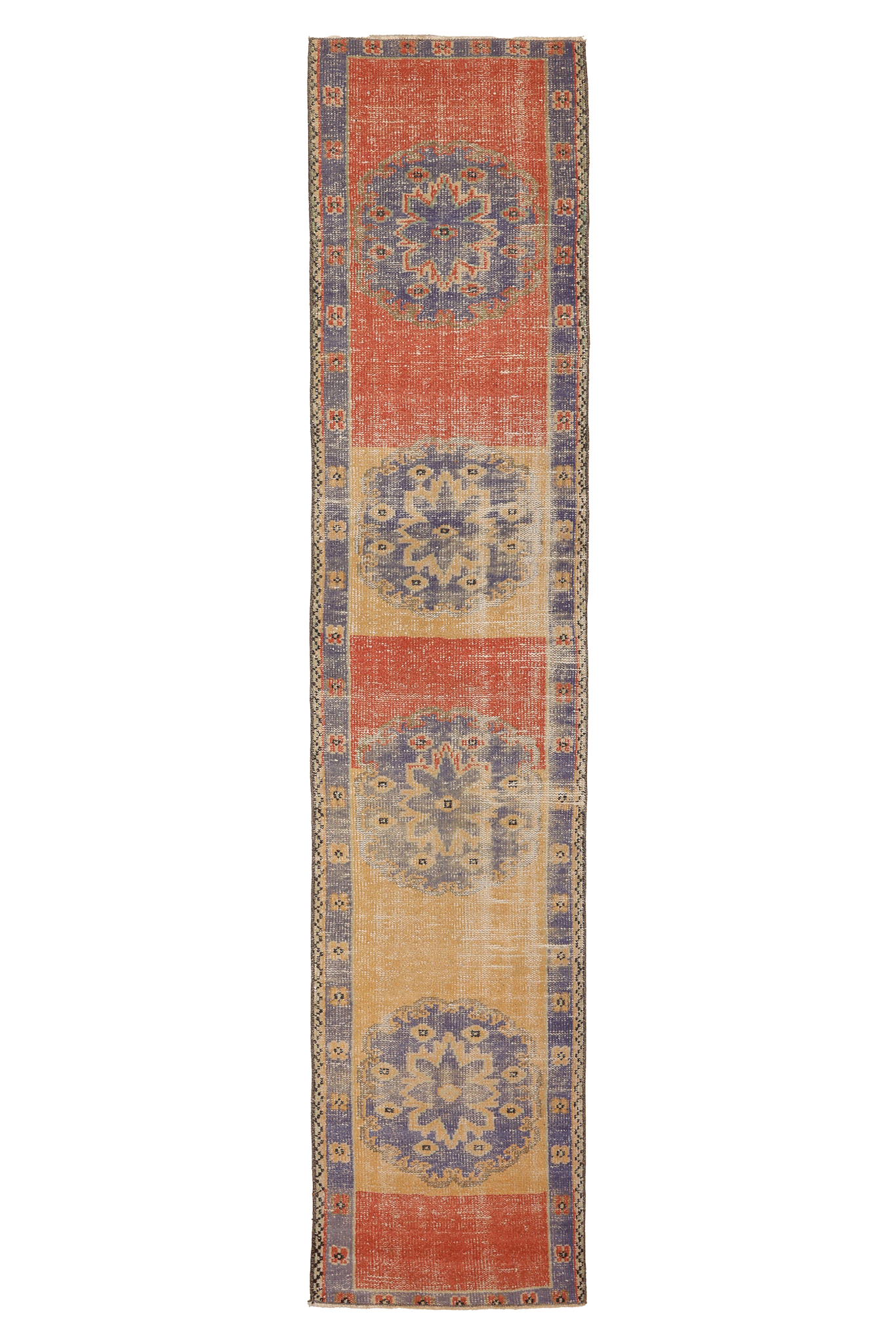 Vintage Manisa Turkish Runner Rug 2x10 ft — Orange & Blue Distressed