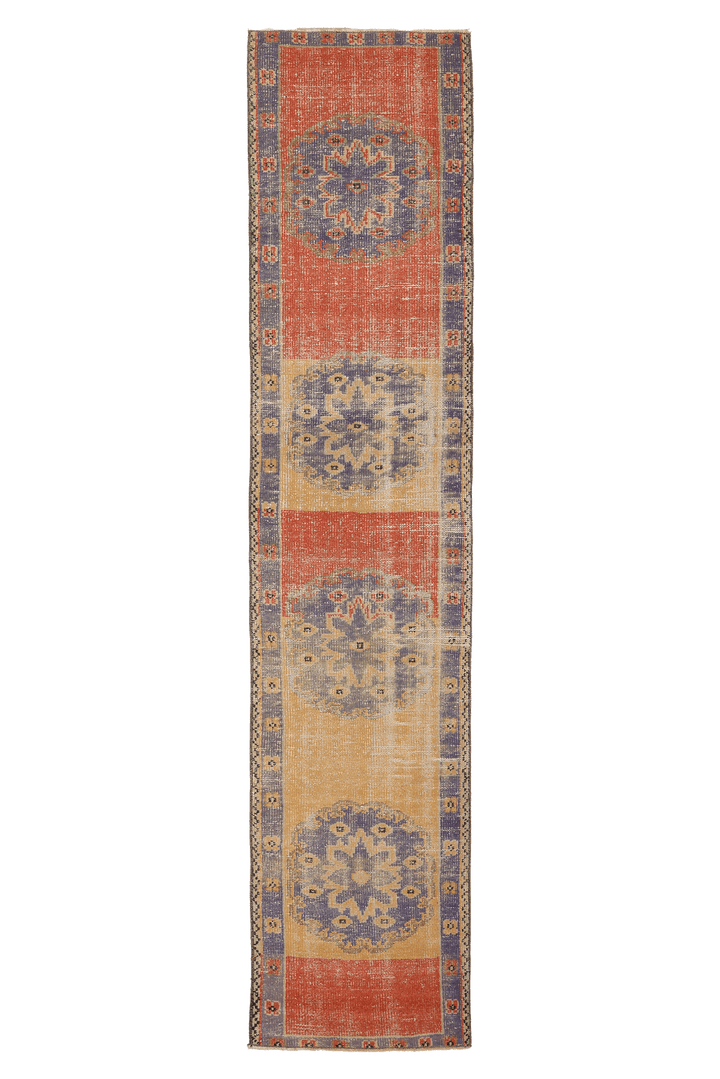 Vintage Manisa Turkish Runner Rug 2x10 ft — Orange & Blue Distressed