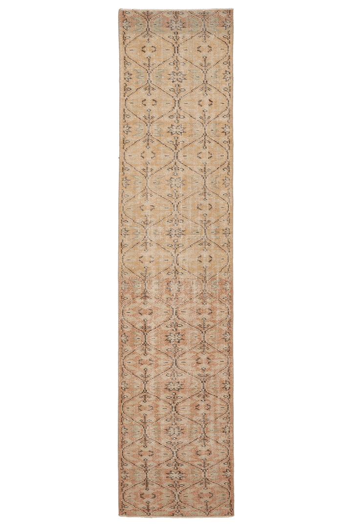 Vintage Manisa Turkish Runner Rug 2x10 ft — Beige & Brown Geometric