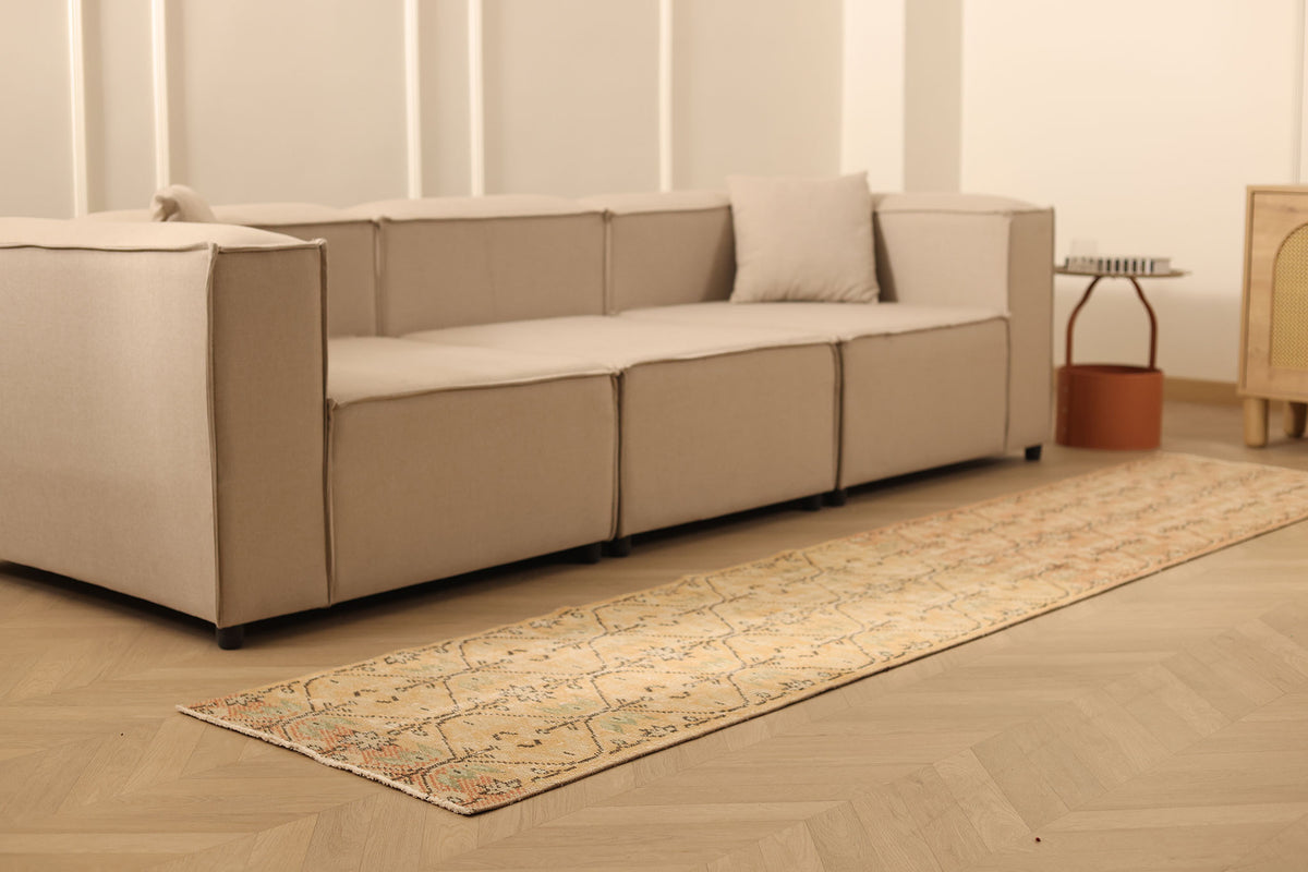 Vintage Manisa Turkish Runner Rug 2x10 ft — Beige & Brown Geometric