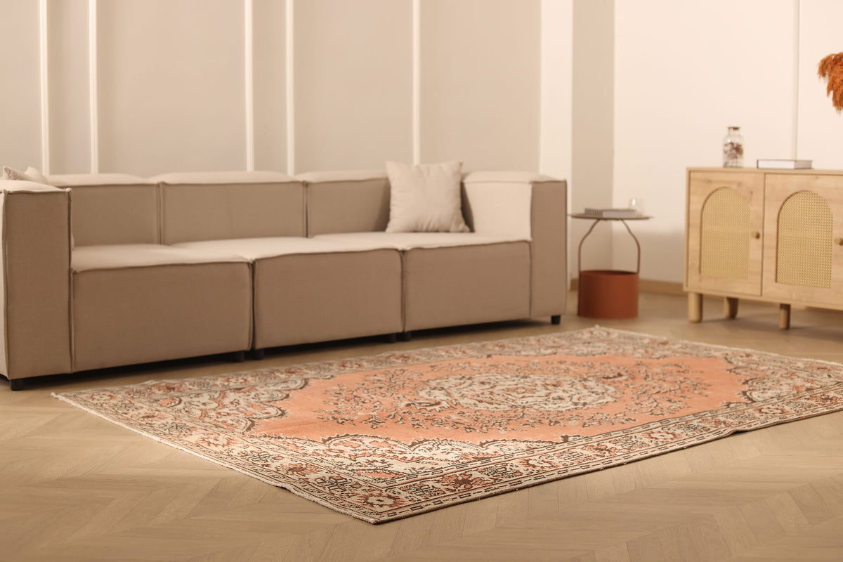 Vintage Manisa Turkish Area Rug 6x9 ft — Orange & Beige Floral