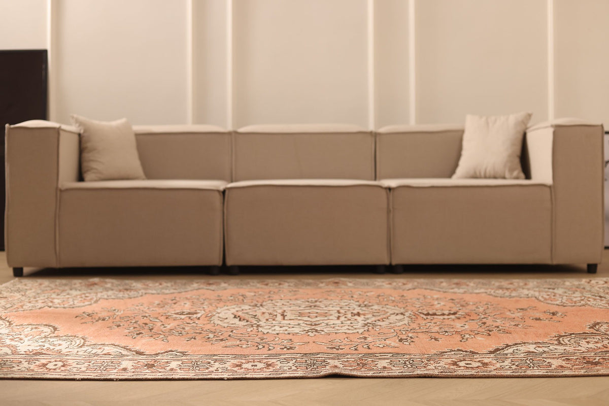 Vintage Manisa Turkish Area Rug 6x9 ft — Orange & Beige Floral