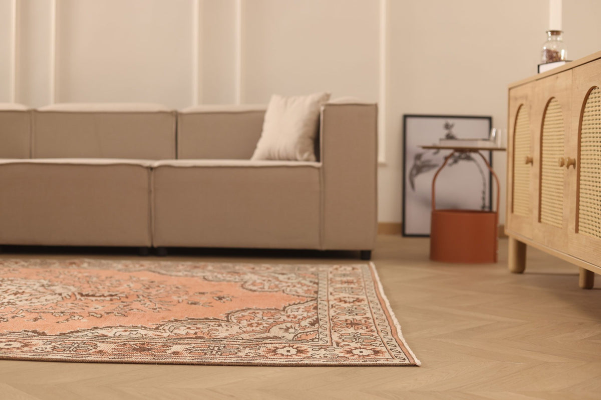 Vintage Manisa Turkish Area Rug 6x9 ft — Orange & Beige Floral