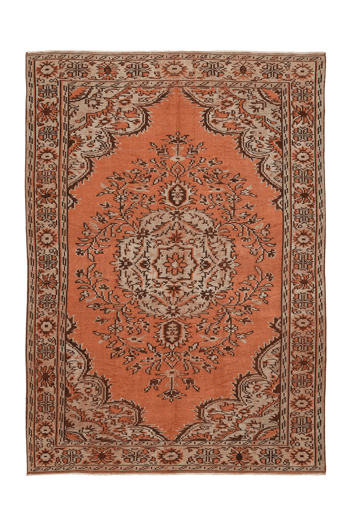 Vintage Manisa Turkish Area Rug 6x9 ft — Orange & Beige Floral