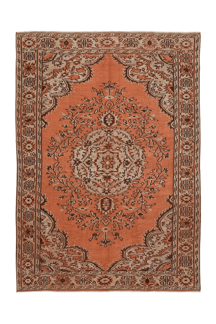 Vintage Manisa Turkish Area Rug 6x9 ft — Orange & Beige Floral