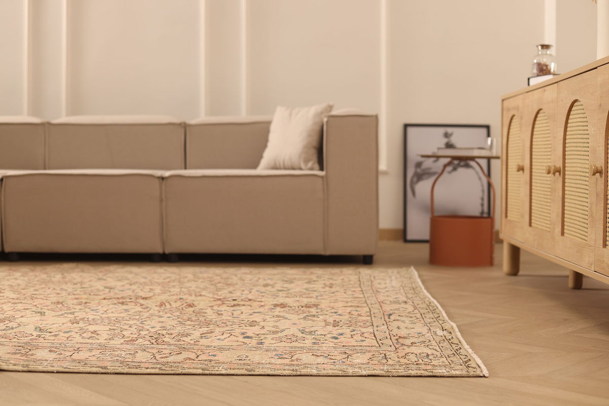 Vintage Isparta Turkish Area Rug 7x10 ft — Beige & Brown Floral