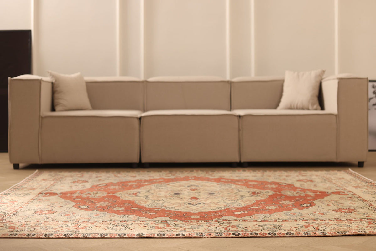 Vintage Isparta Turkish Area Rug 6x8 ft — Red & Beige Floral