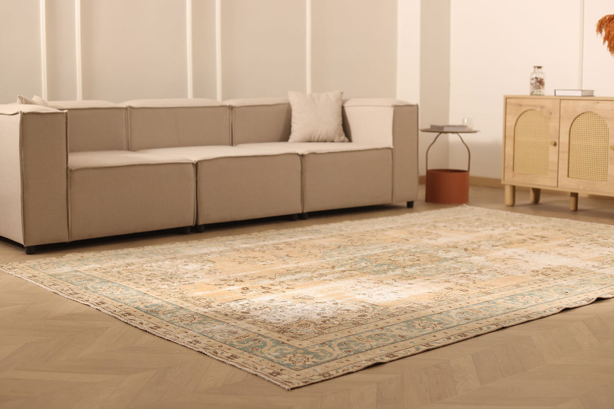 Vintage Isparta Turkish Area Rug 7x11 ft — Beige & Green Floral
