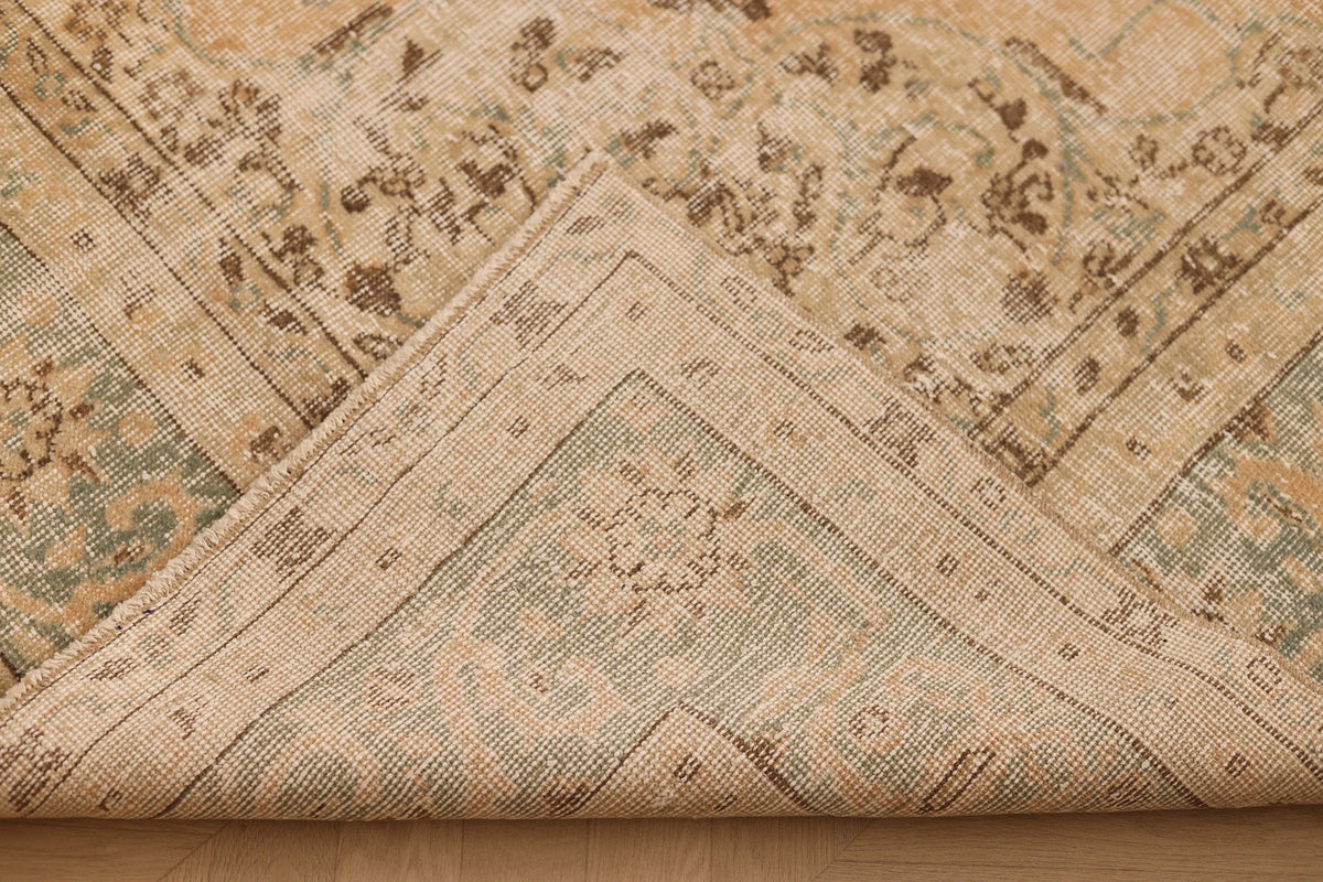 Vintage Isparta Turkish Area Rug 7x11 ft — Beige & Green Floral