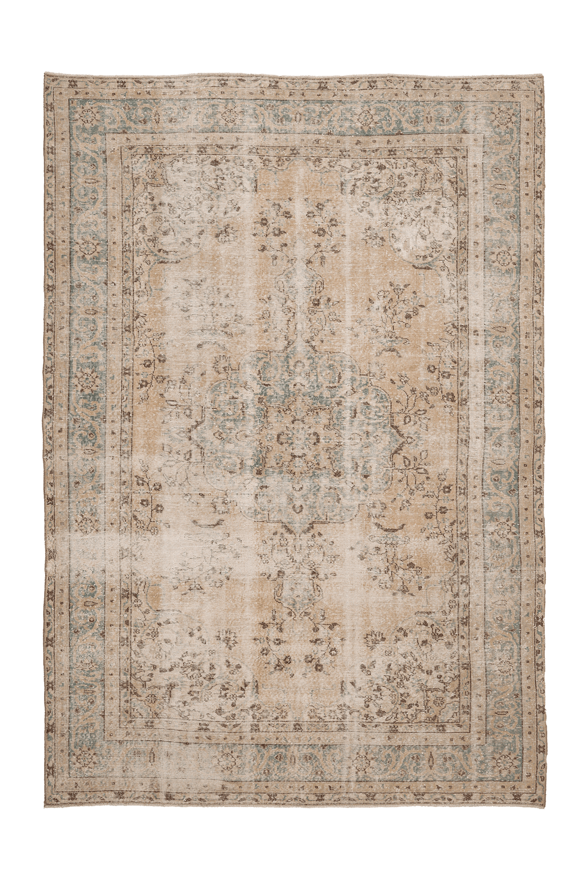 Vintage Isparta Turkish Area Rug 7x11 ft — Beige & Green Floral