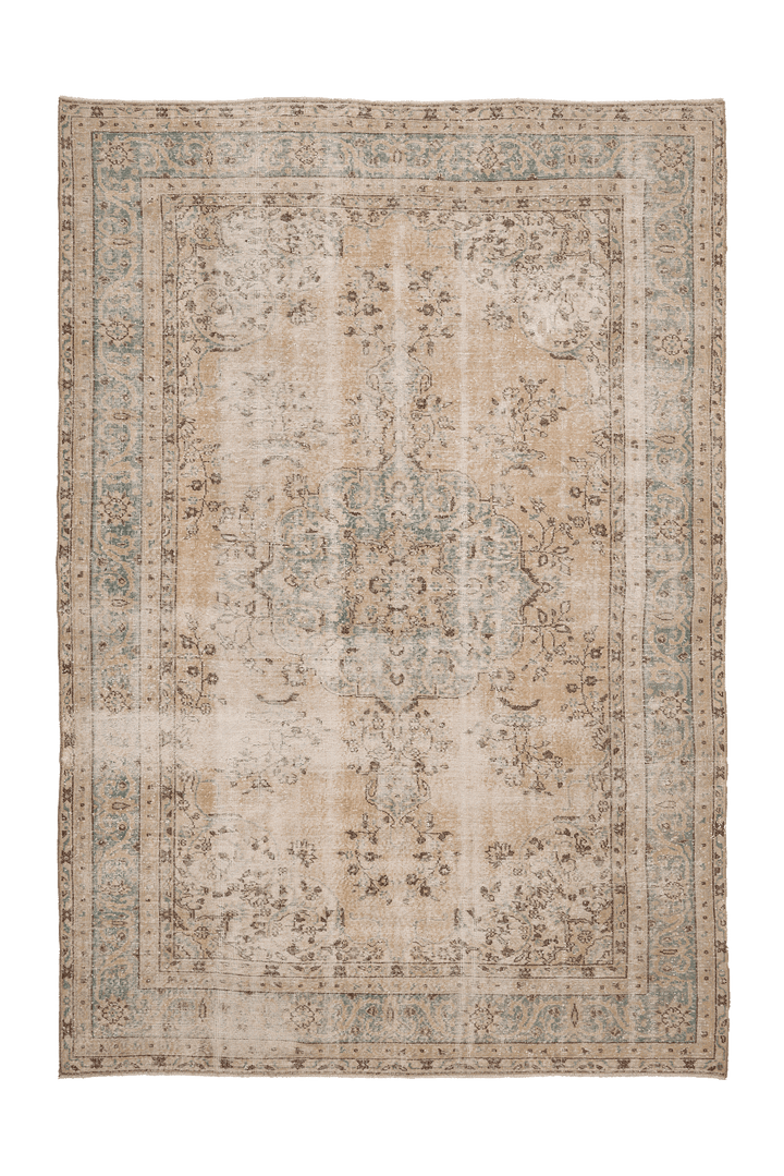 Vintage Isparta Turkish Area Rug 7x11 ft — Beige & Green Floral