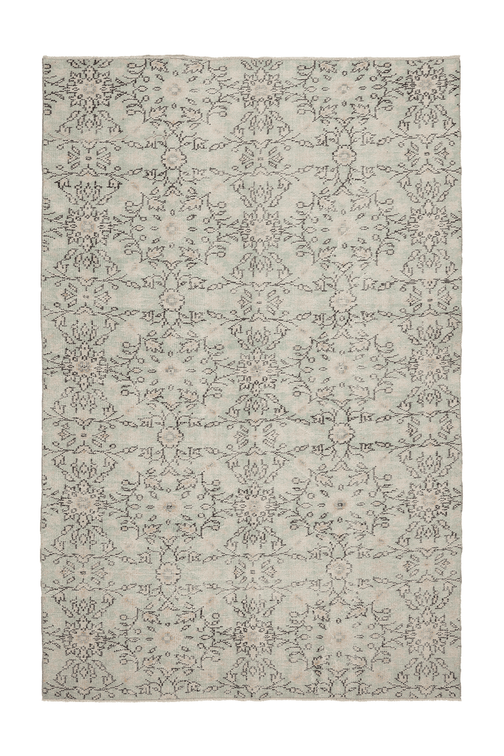Vintage Manisa Turkish Area Rug 6x9 ft — Green & Beige Floral