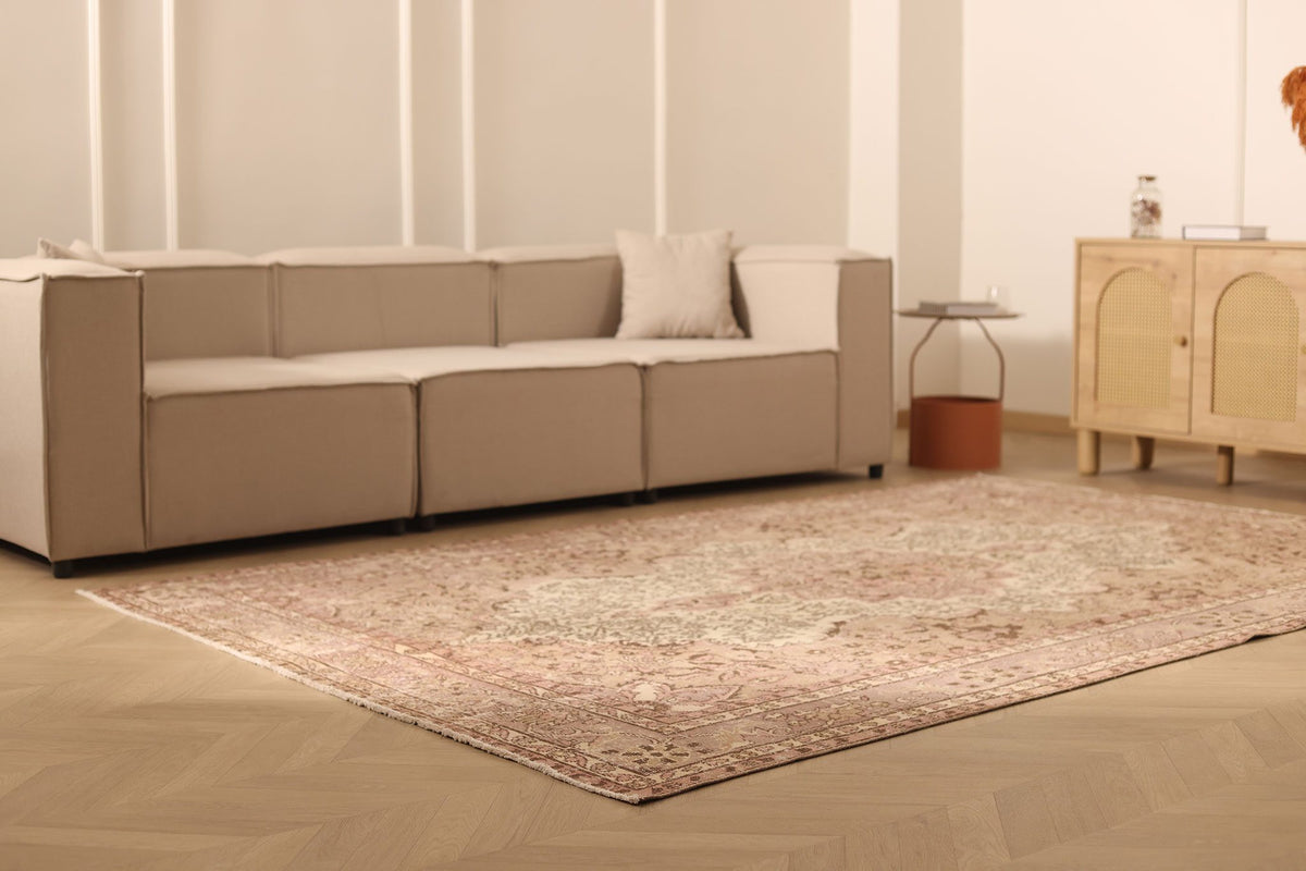Vintage Isparta Turkish Area Rug 7x10 ft — Beige & Brown Floral