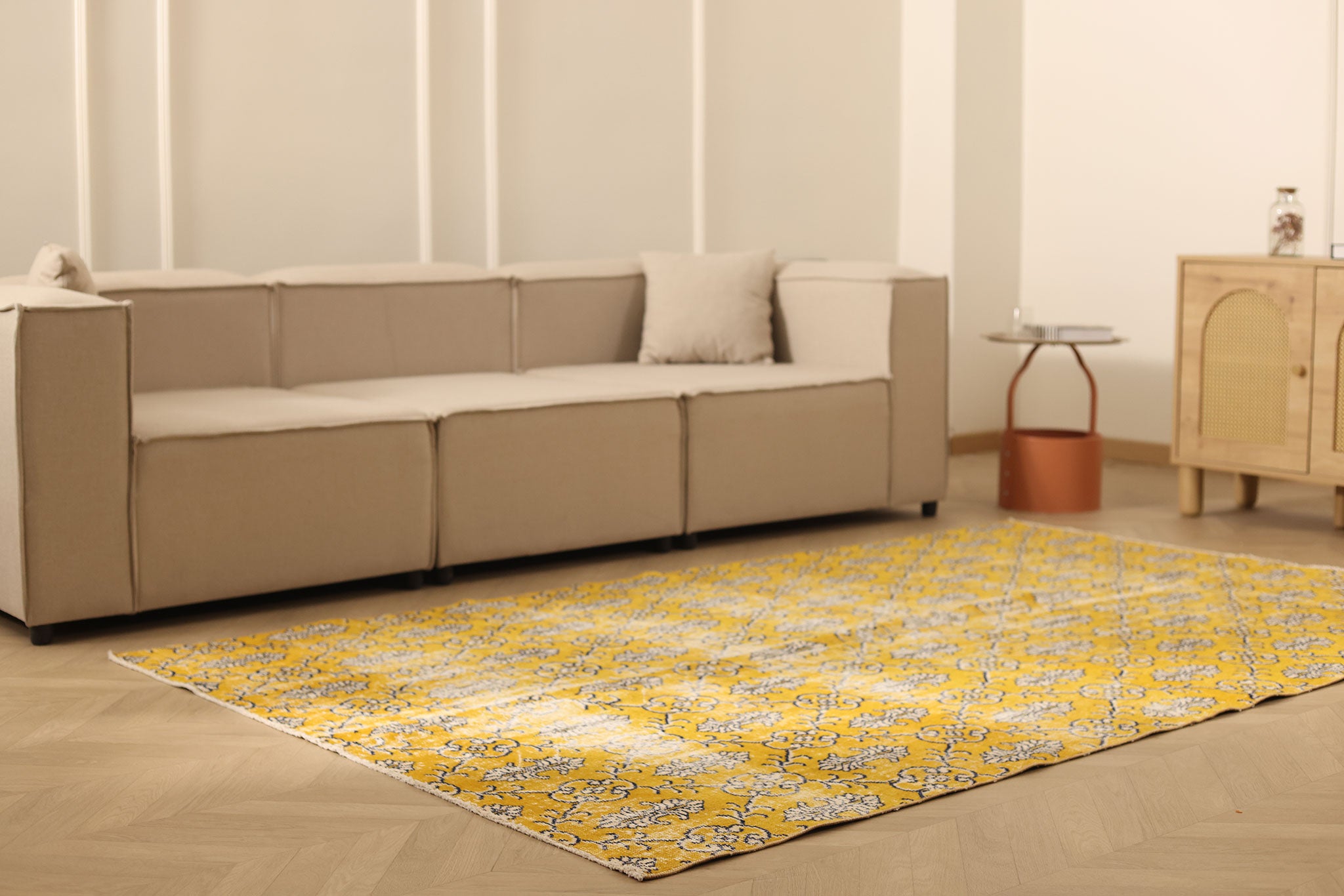 Vintage Isparta Turkish Area Rug 5x8 ft — Yellow & Gray Floral