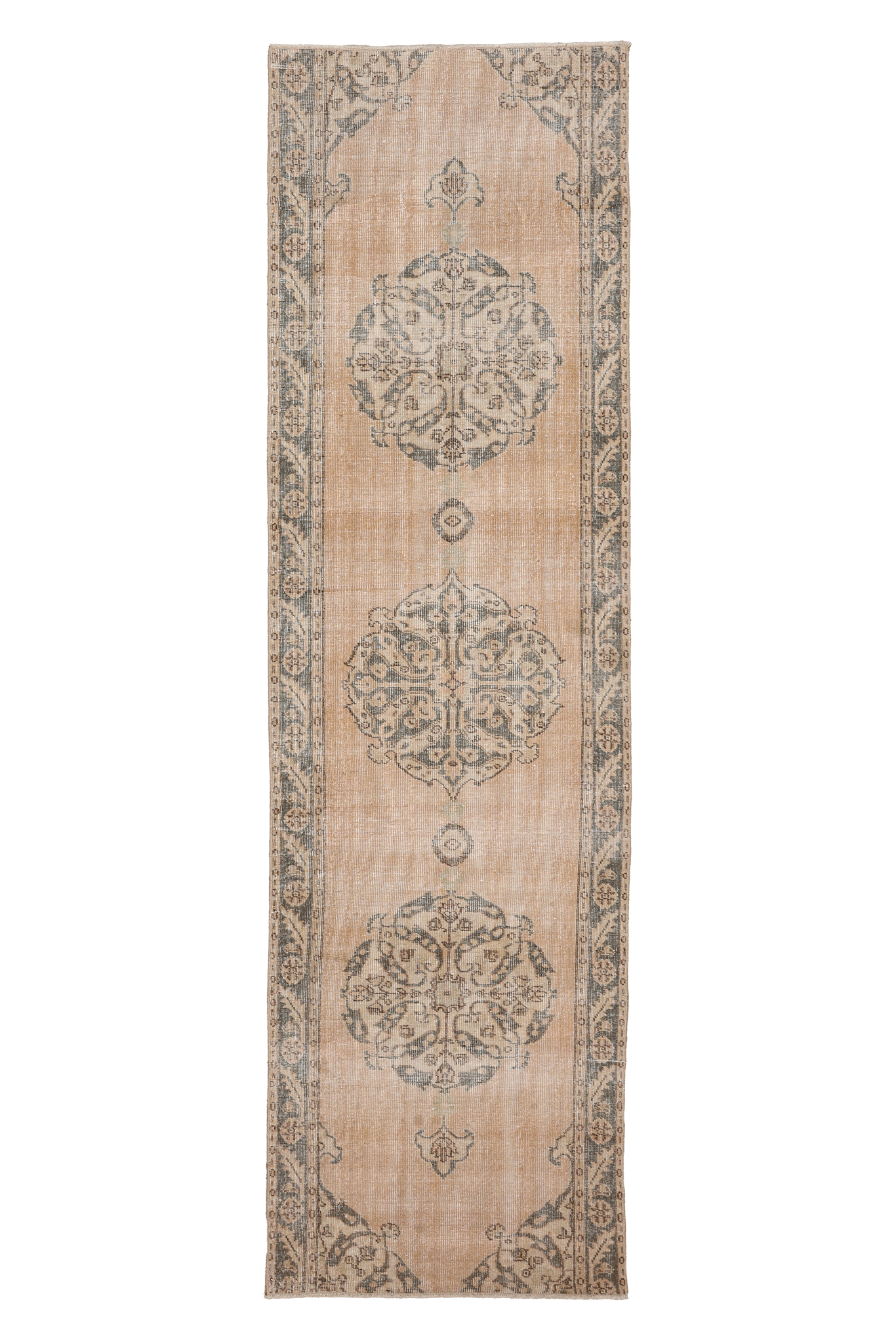 Vintage Isparta Turkish Runner Rug 2x10 ft — Beige & Gray Floral