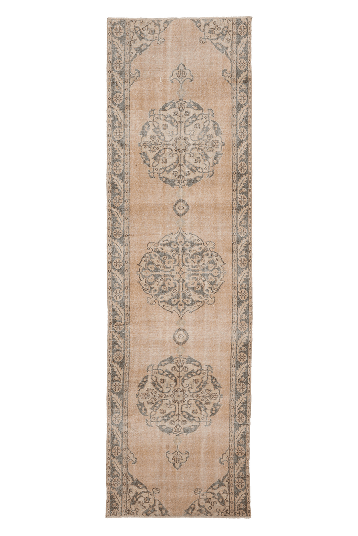 Vintage Isparta Turkish Runner Rug 2x10 ft — Beige & Gray Floral