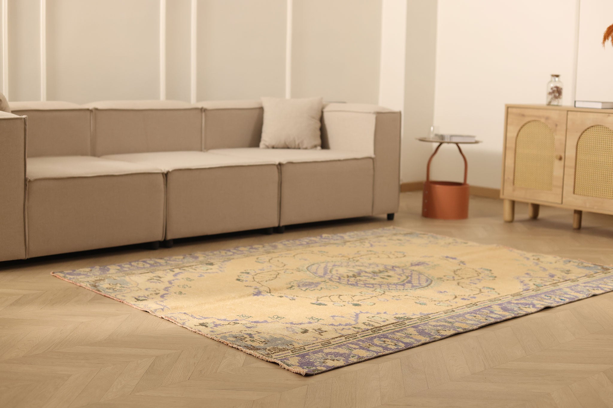 Vintage Manisa Turkish Area Rug 5x7 ft — Beige & Blue Floral