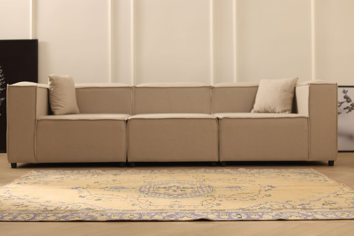 Vintage Manisa Turkish Area Rug 5x7 ft — Beige & Blue Floral
