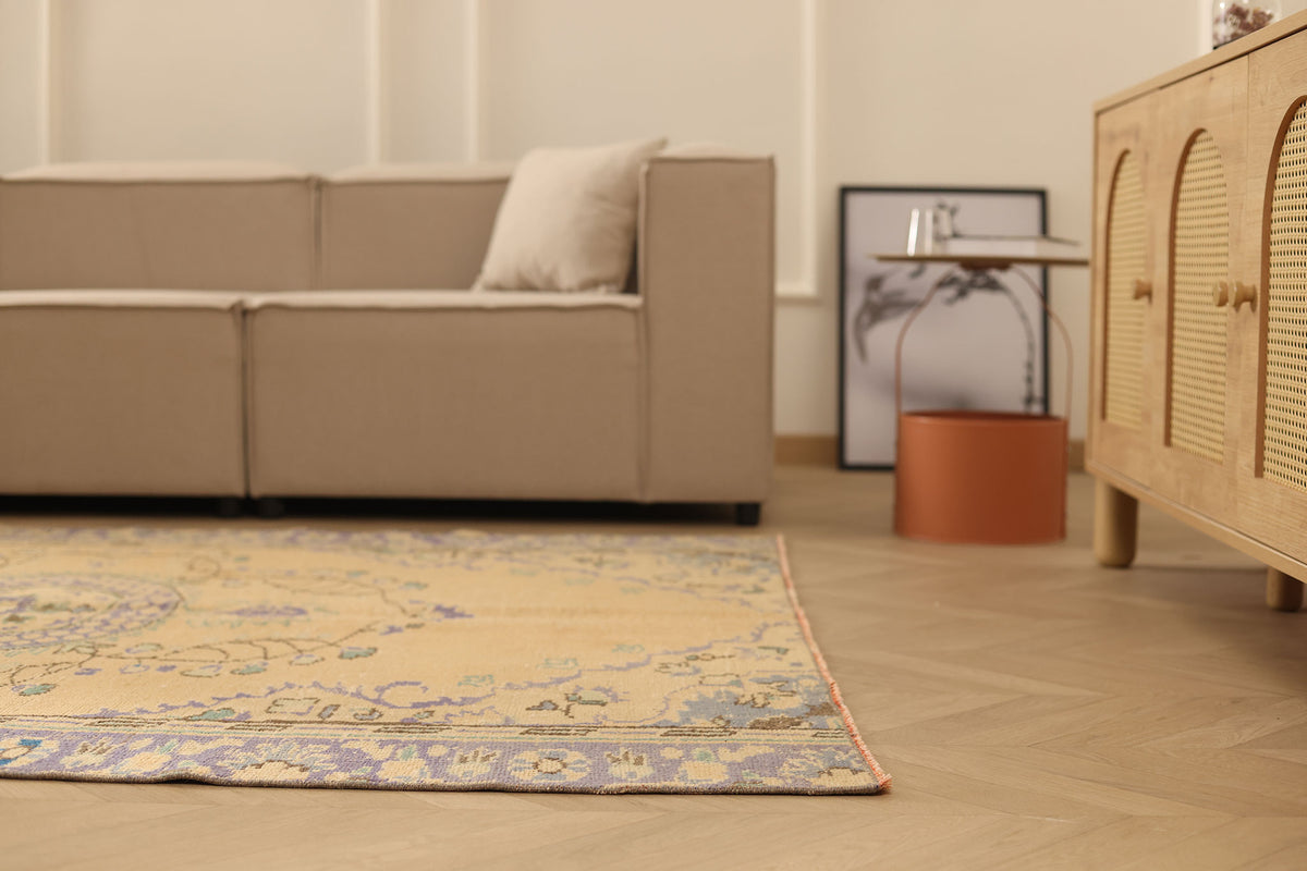 Vintage Manisa Turkish Area Rug 5x7 ft — Beige & Blue Floral