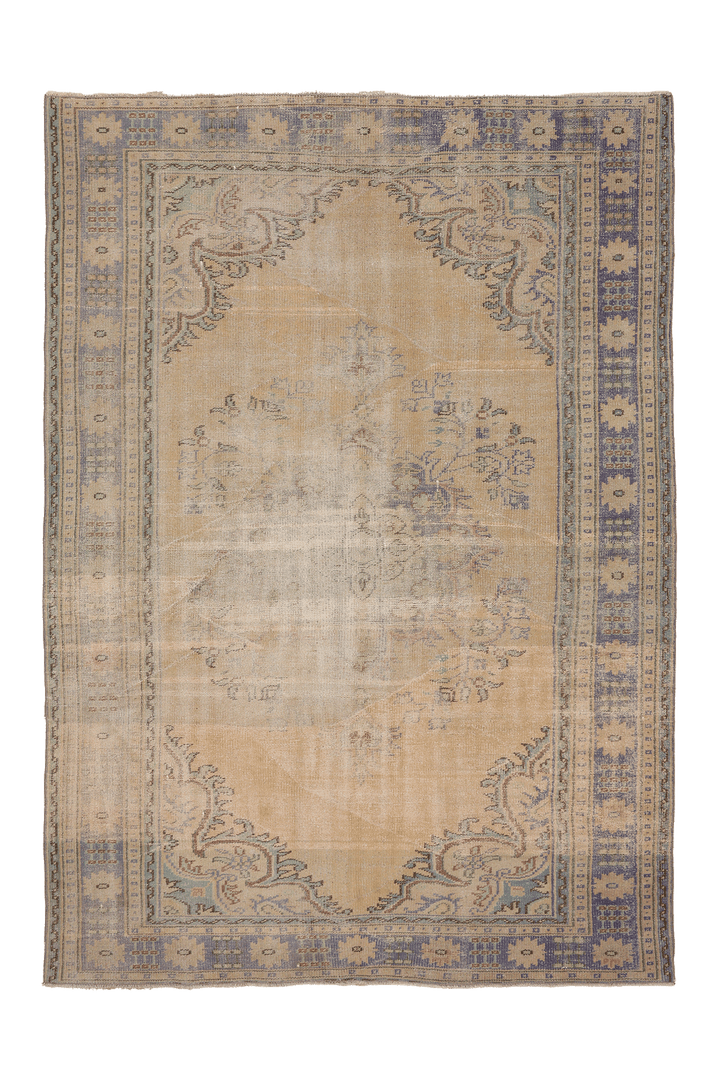 Vintage Manisa Turkish Area Rug 6x8 ft — Beige & Blue Floral
