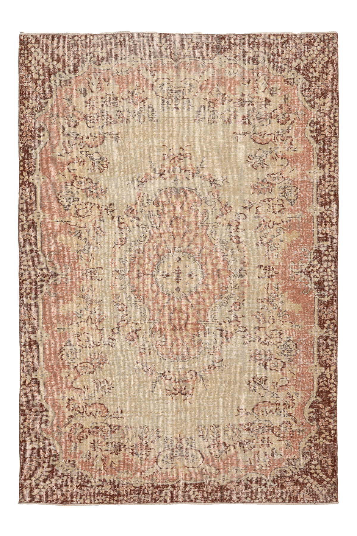 Vintage Isparta Turkish Area Rug 6x8 ft — Beige & Brown Floral (No. 53270)