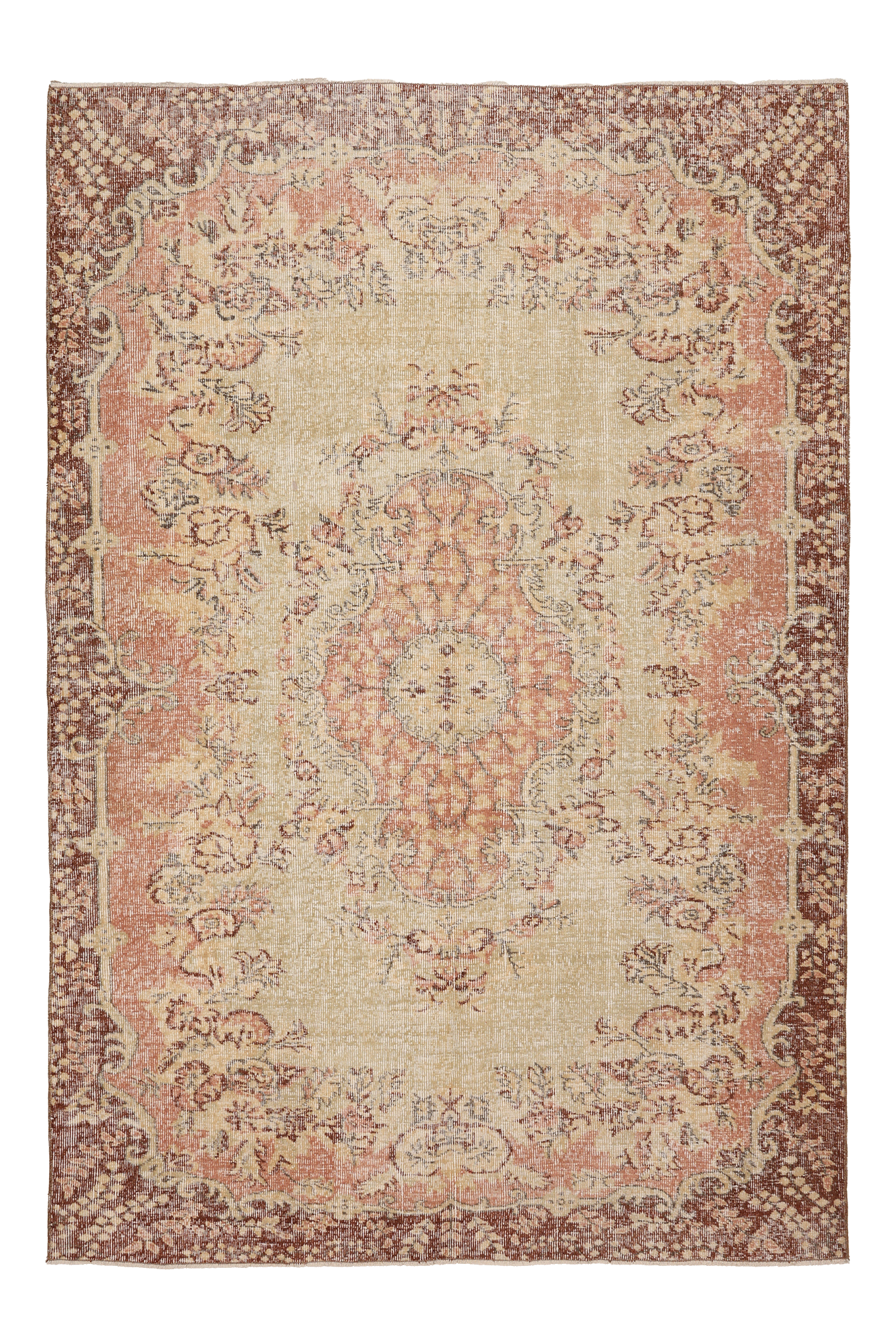 Vintage Isparta Turkish Area Rug 6x8 ft — Beige & Brown Floral (No. 53270)