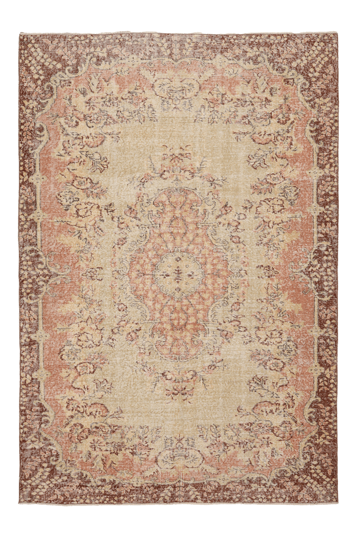 Vintage Isparta Turkish Area Rug 6x8 ft — Beige & Brown Floral (No. 53270)
