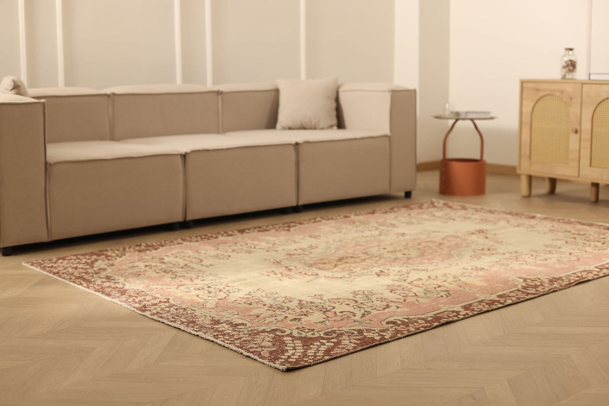 Vintage Isparta Turkish Area Rug 6x8 ft — Beige & Brown Floral (No. 53270)