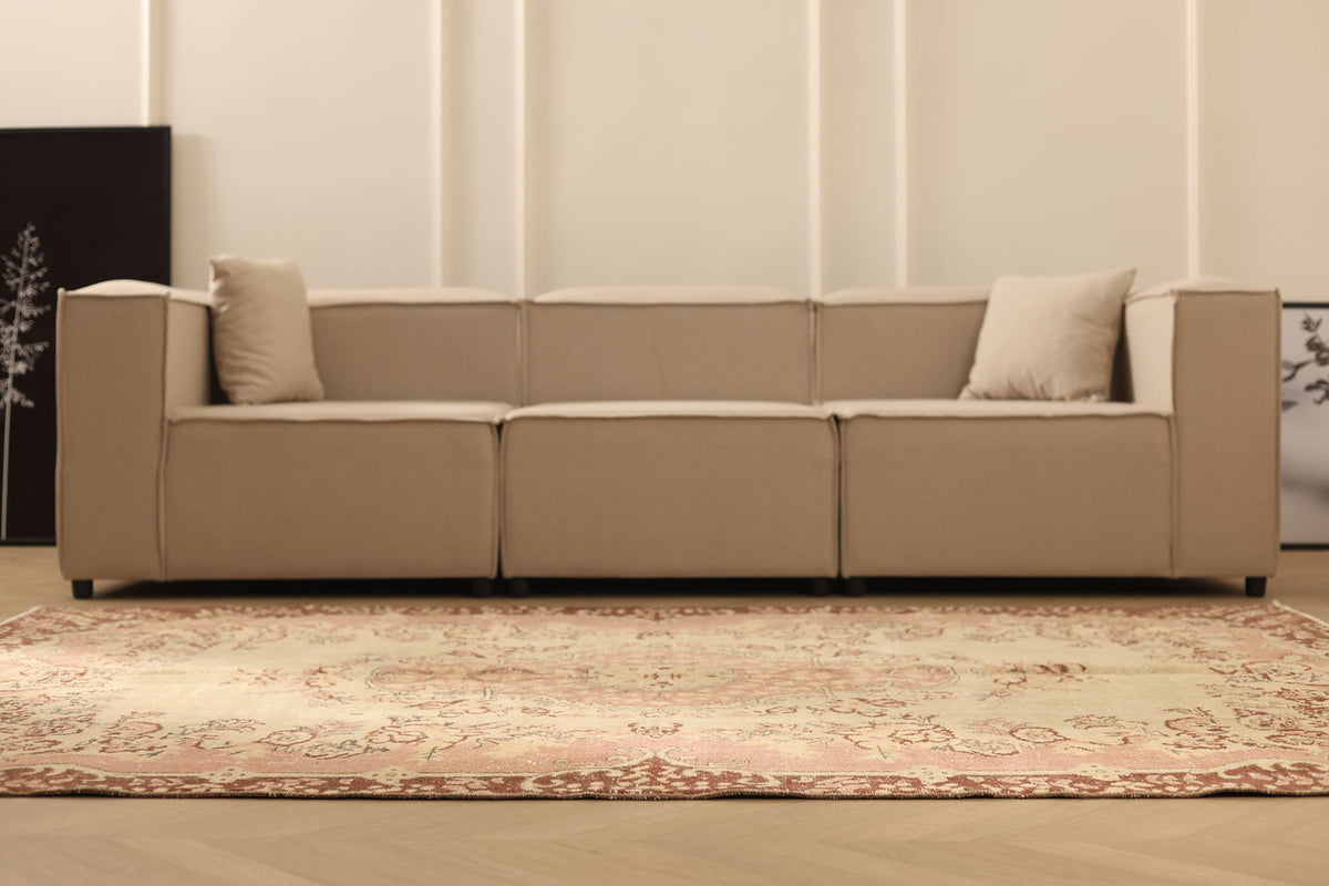 Vintage Isparta Turkish Area Rug 6x8 ft — Beige & Brown Floral (No. 53270)