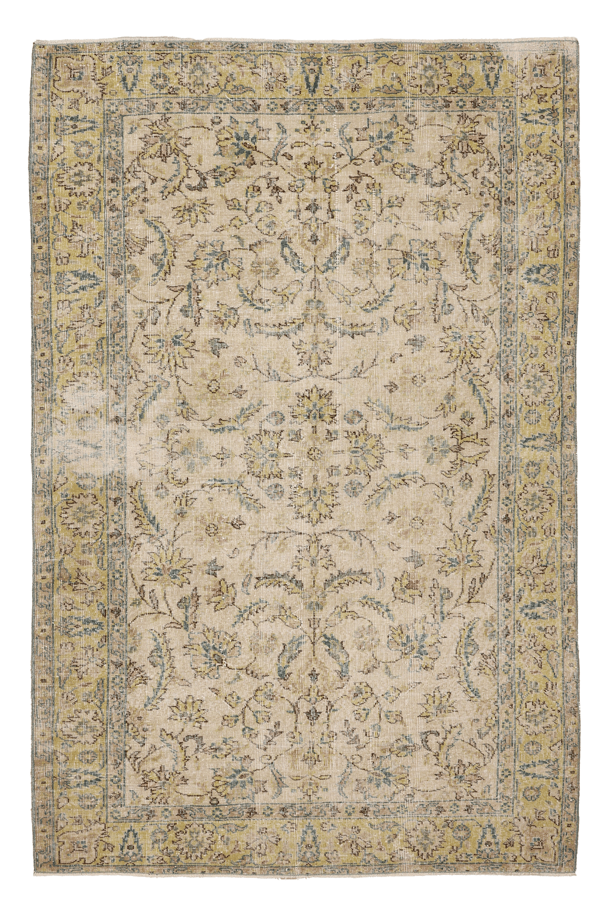 Vintage Isparta Turkish Area Rug 5x7 ft — Beige & Blue Floral