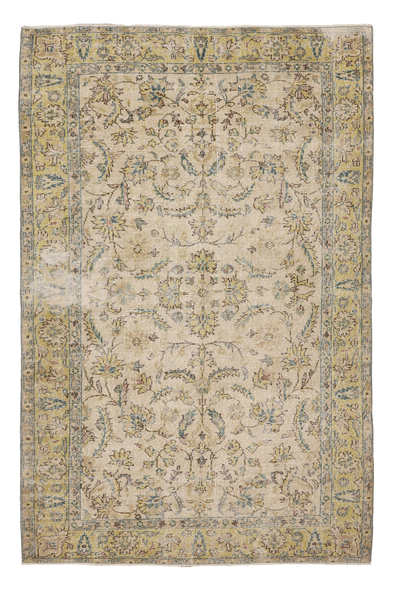Vintage Isparta Turkish Area Rug 5x7 ft — Beige & Blue Floral