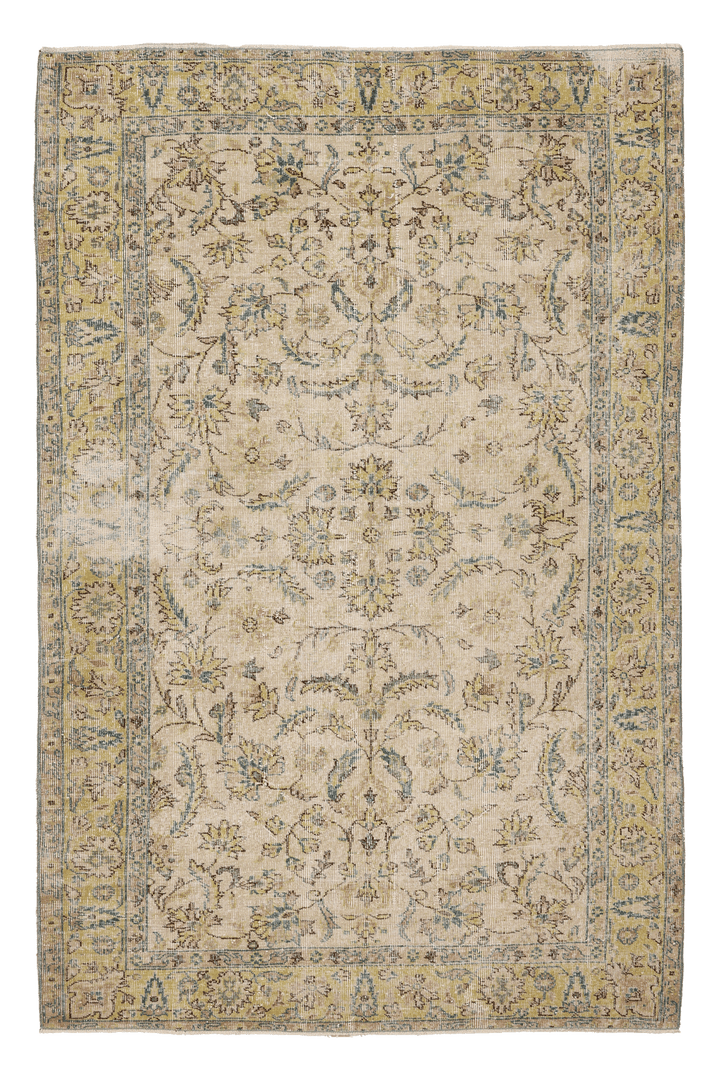Vintage Isparta Turkish Area Rug 5x7 ft — Beige & Blue Floral