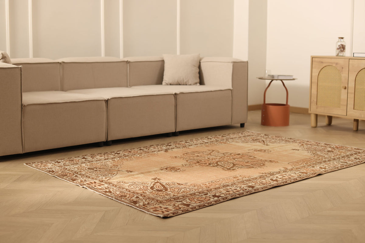 Vintage Manisa Turkish Area Rug 5x7 ft — Beige & Brown Floral (No. 53278)