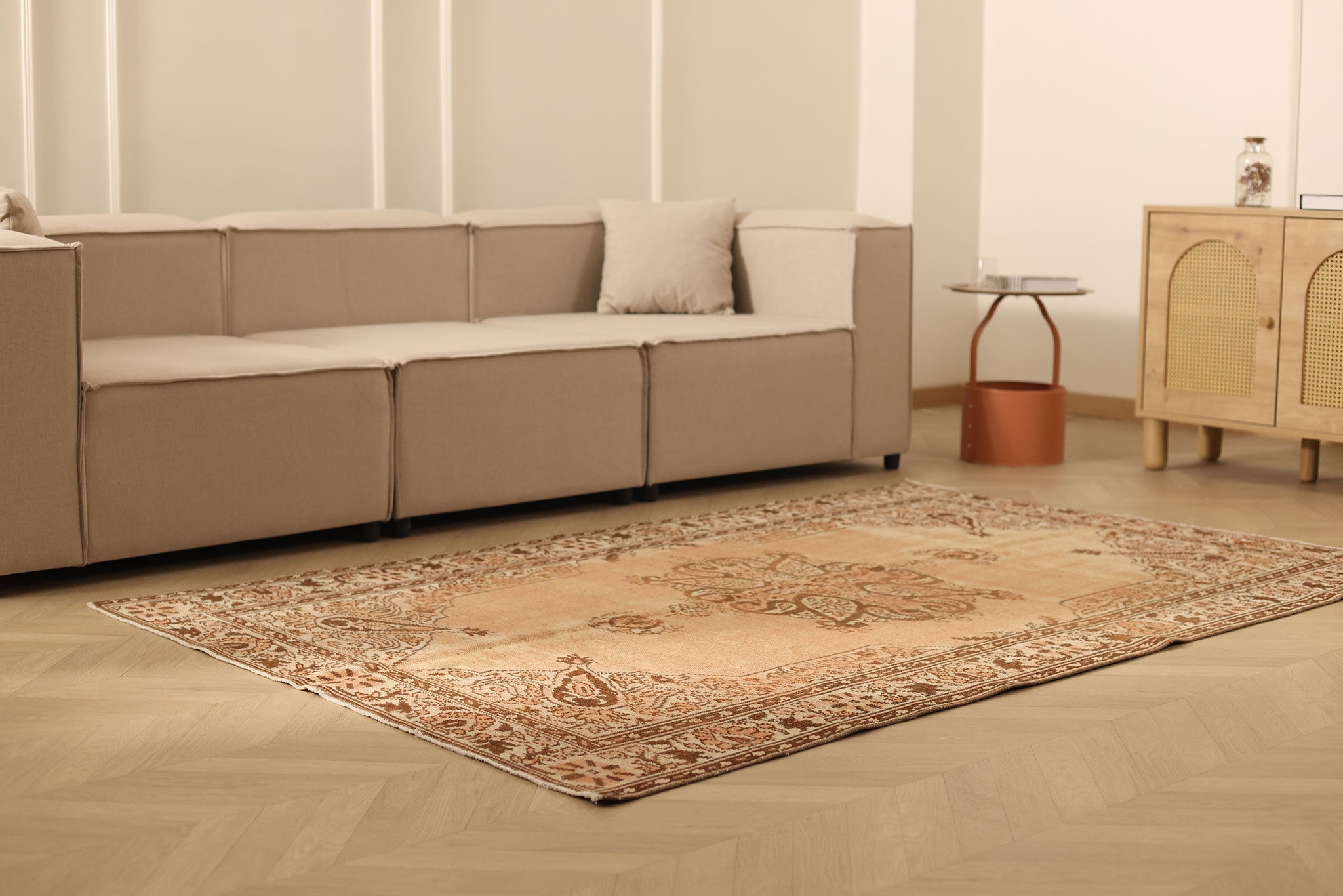 Vintage Manisa Turkish Area Rug 5x7 ft — Beige & Brown Floral (No. 53278)