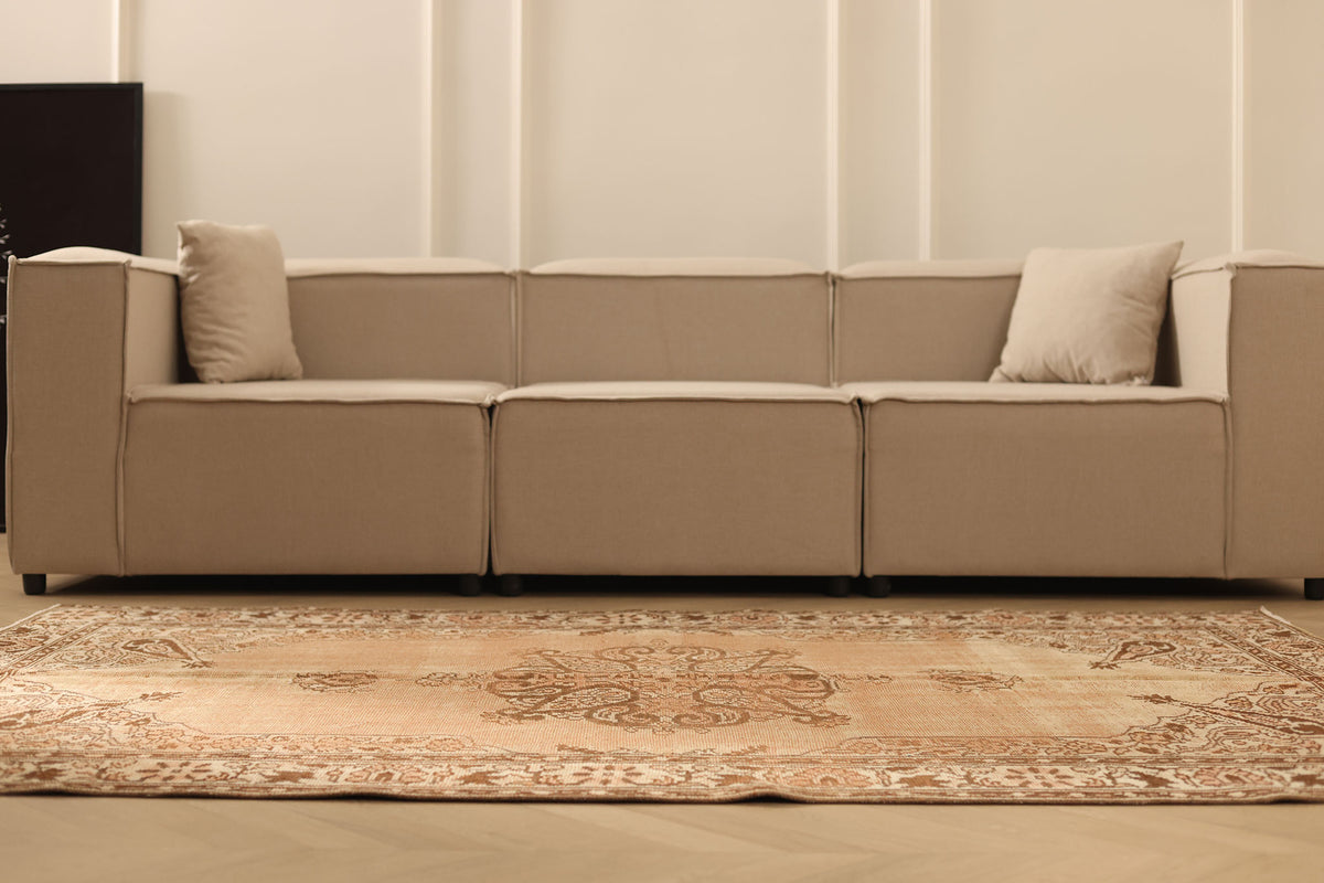 Vintage Manisa Turkish Area Rug 5x7 ft — Beige & Brown Floral (No. 53278)