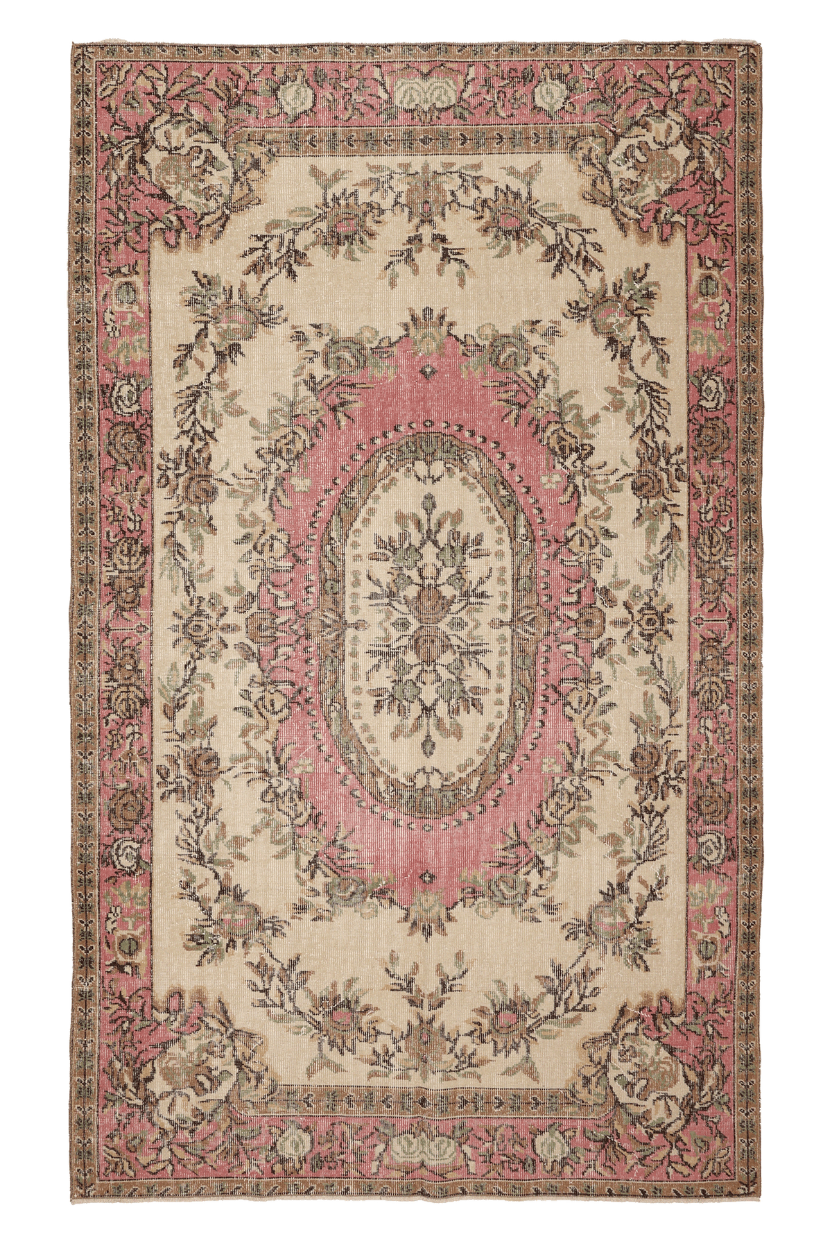 Vintage Isparta Turkish Area Rug 5x8 ft — Beige & Pink Floral (No. 53282)