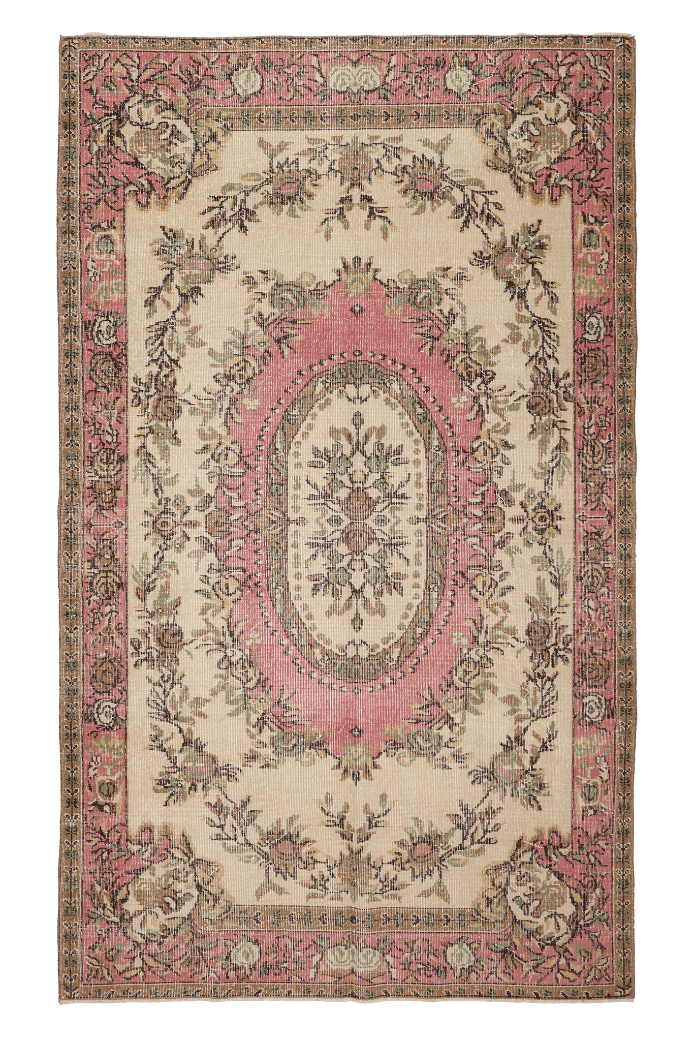 Vintage Isparta Turkish Area Rug 5x8 ft — Beige & Pink Floral (No. 53282)