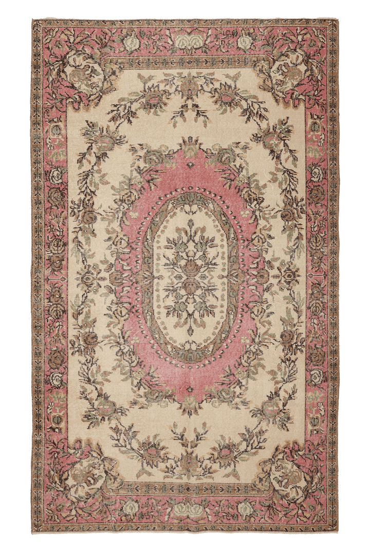 Vintage Isparta Turkish Area Rug 5x8 ft — Beige & Pink Floral (No. 53282)