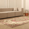 Vintage Isparta Turkish Area Rug 5x8 ft — Beige & Pink Floral (No. 53282)