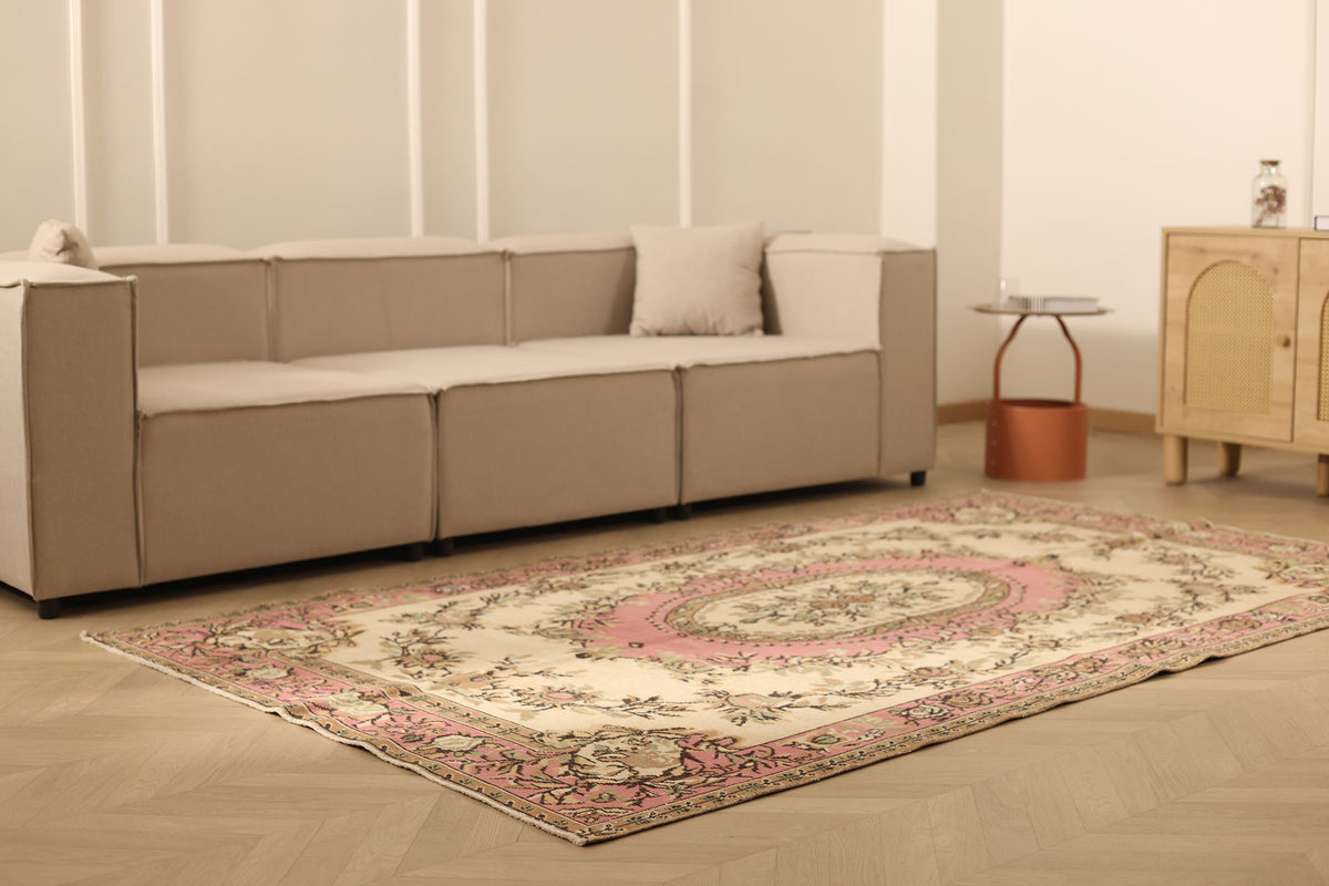 Vintage Isparta Turkish Area Rug 5x8 ft — Beige & Pink Floral (No. 53282)