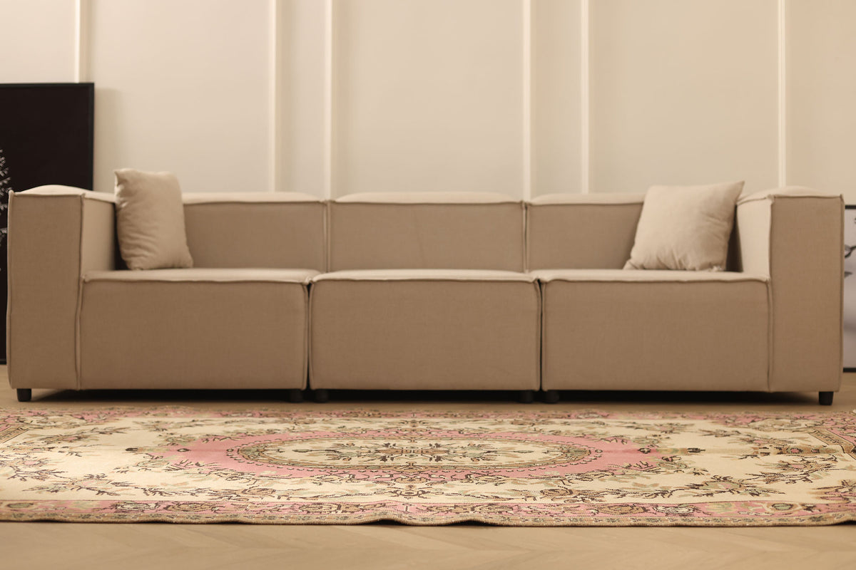 Vintage Isparta Turkish Area Rug 5x8 ft — Beige & Pink Floral (No. 53282)