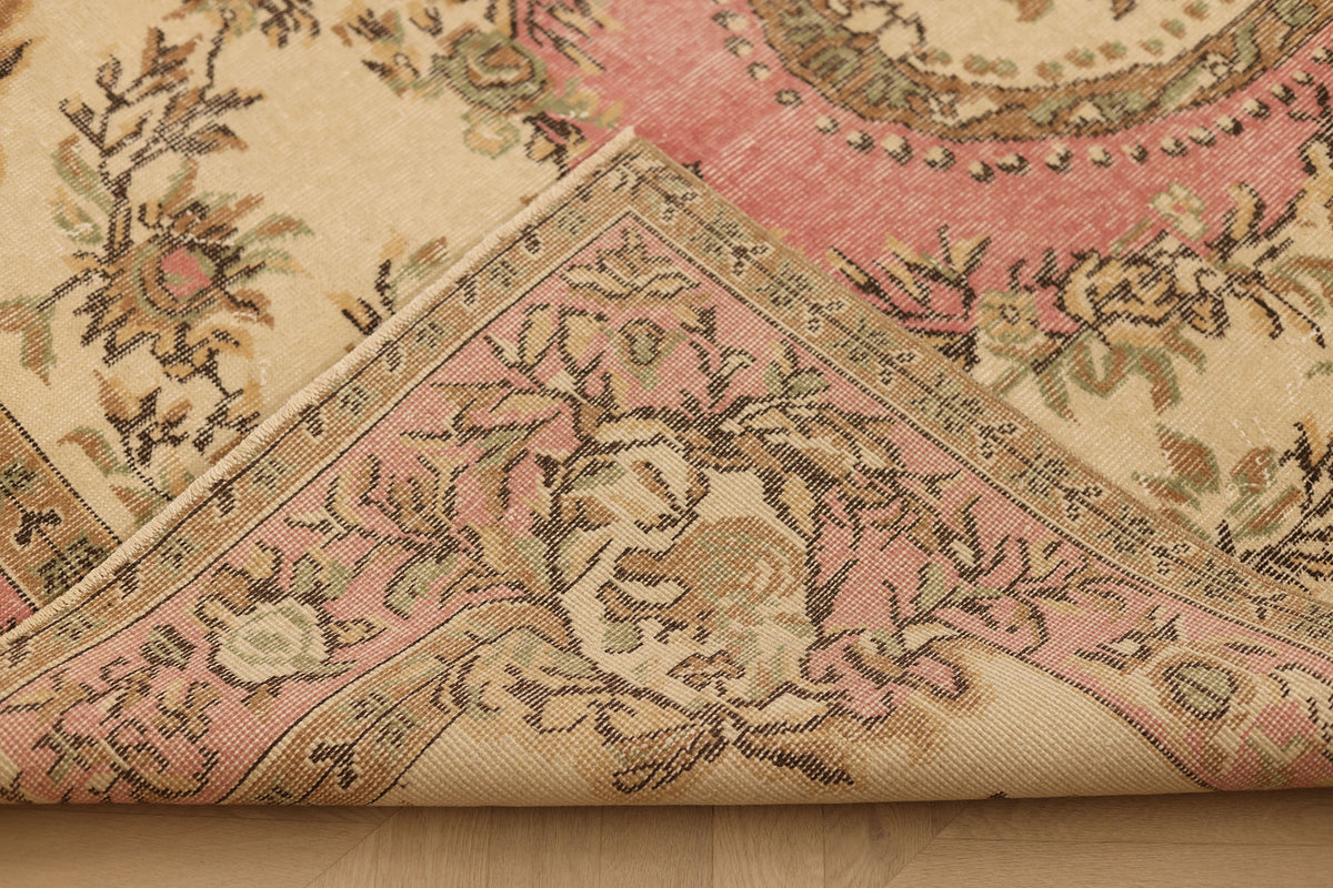Vintage Isparta Turkish Area Rug 5x8 ft — Beige & Pink Floral (No. 53282)