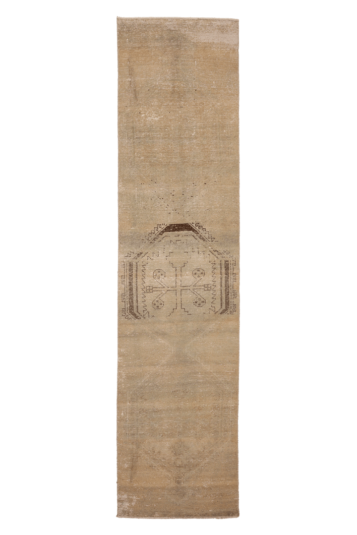 Vintage Malatya Turkish Runner Rug 2x12 ft — Beige & Brown Geometric (No. 53285)